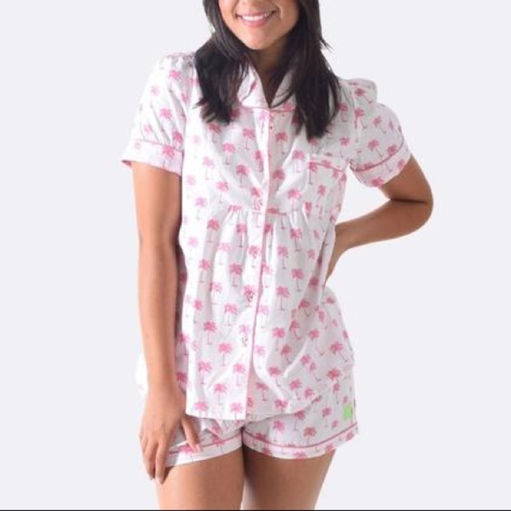 Short Sleeve Pink Palm-Print Women's Pajama Set